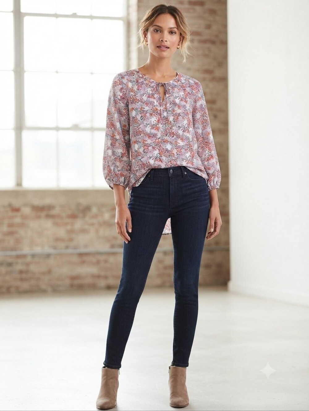 LOFT Outlet Floral Tie-Neck Peasant Boho Blouse Top Size S Balloon Sleeve Fall